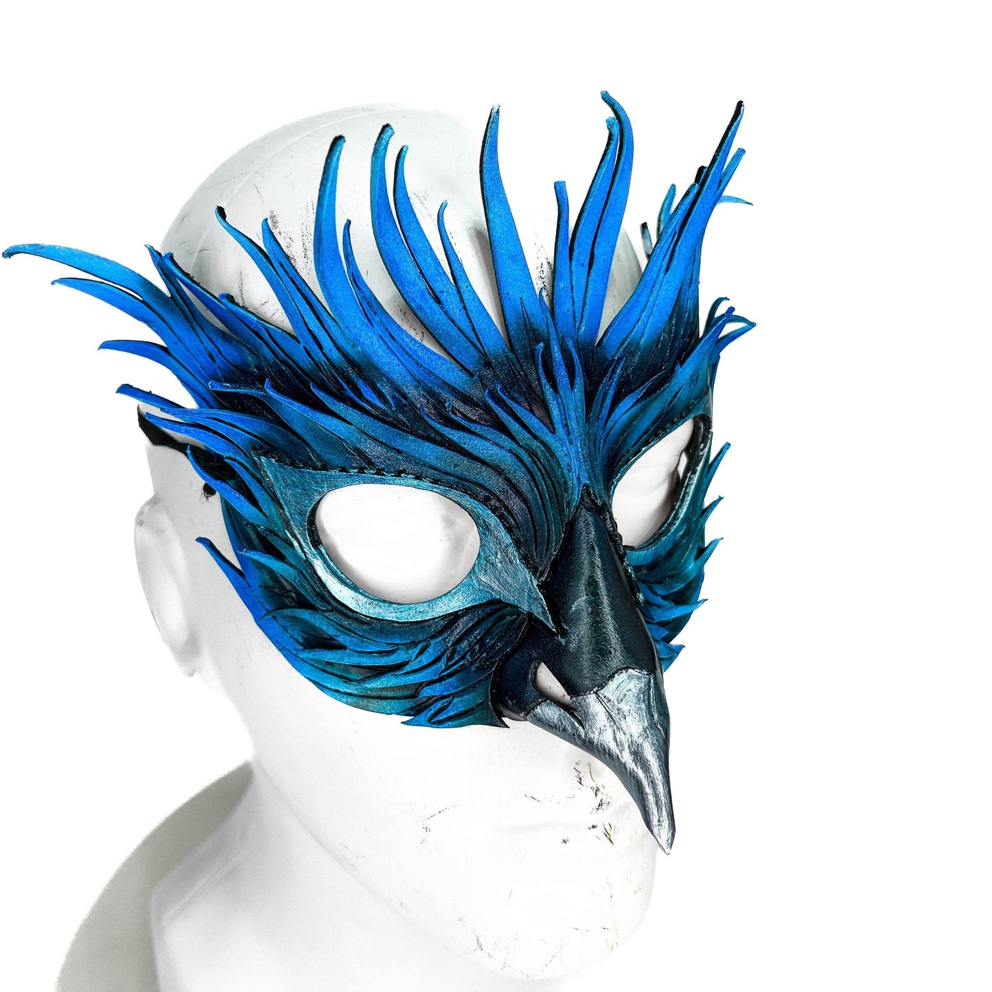 Layered Blue Phoenix Handmade Genuine Leather Mask - 