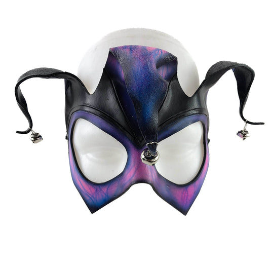 Handmade Genuine Leather Jester Mask in Blue and Pink - 