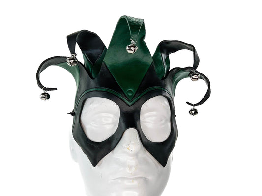 Handmade Genuine Leather Five Point Jester Mask in Green and Black - 