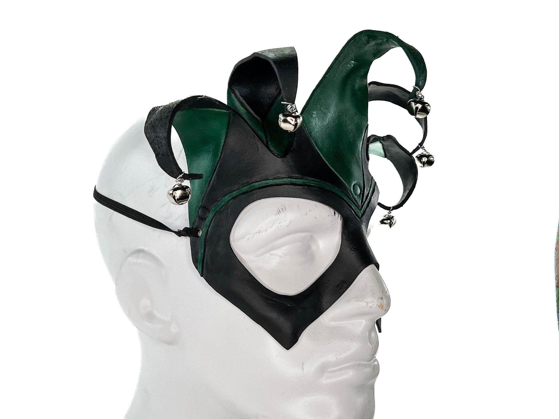 Handmade Genuine Leather Five Point Jester Mask in Green and Black - 