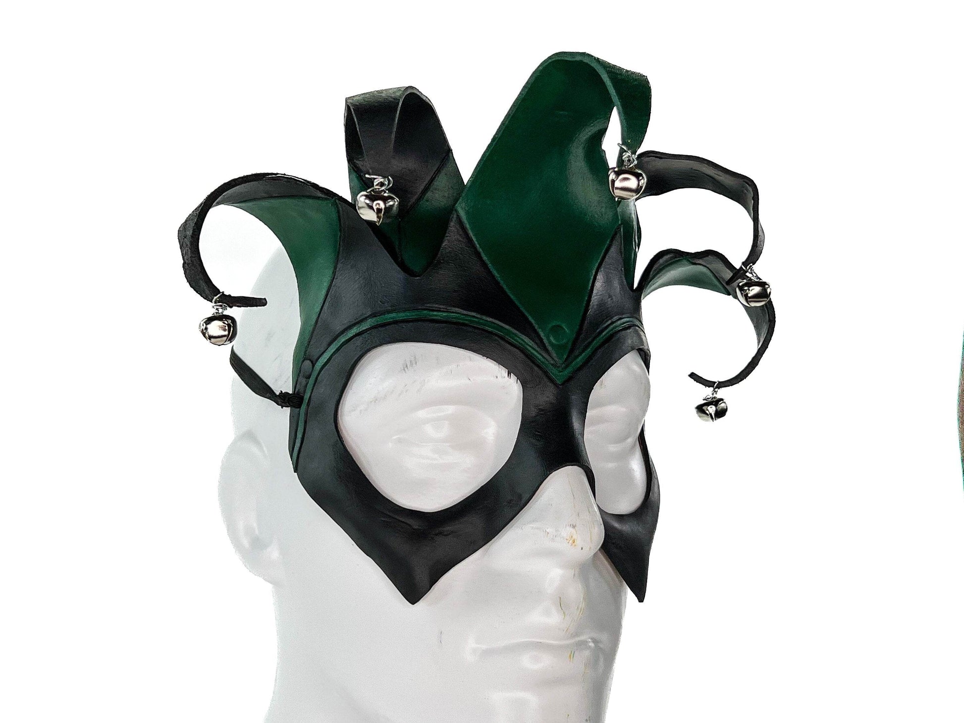 Handmade Genuine Leather Five Point Jester Mask in Green and Black - 