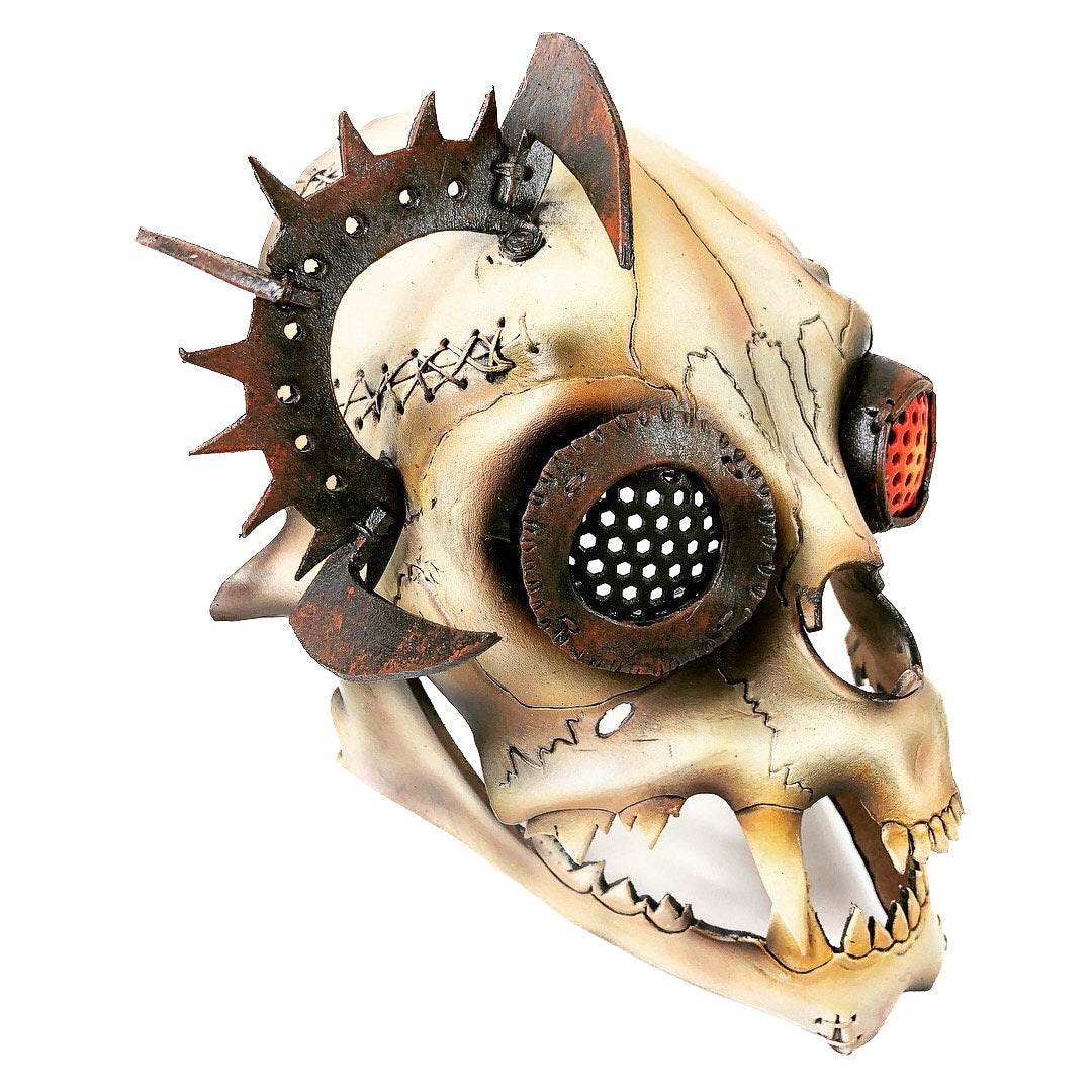 Handcrafted Genuine Leather Dimensional Cat Skull Robot Mask - 