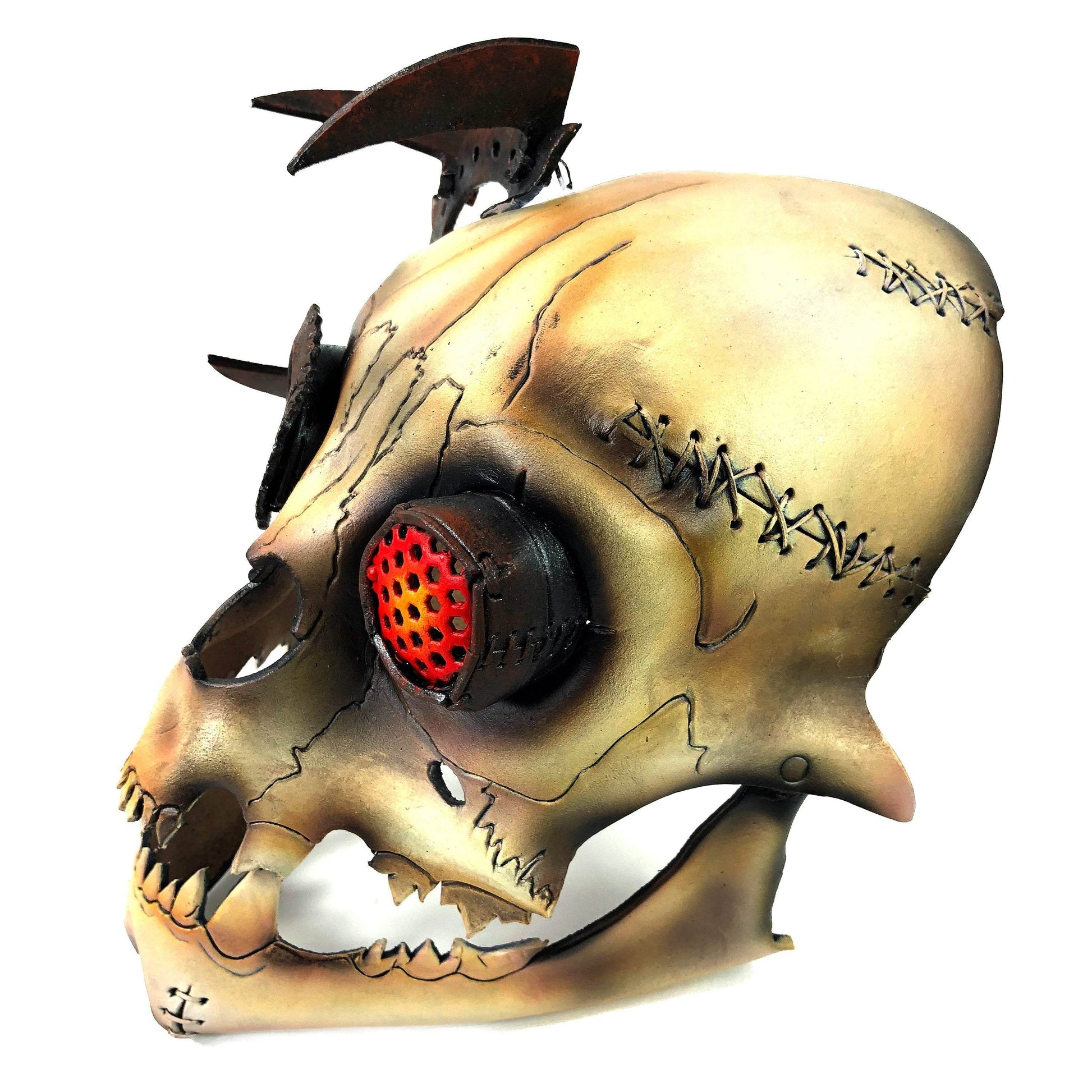 Handcrafted Genuine Leather Dimensional Cat Skull Robot Mask - 