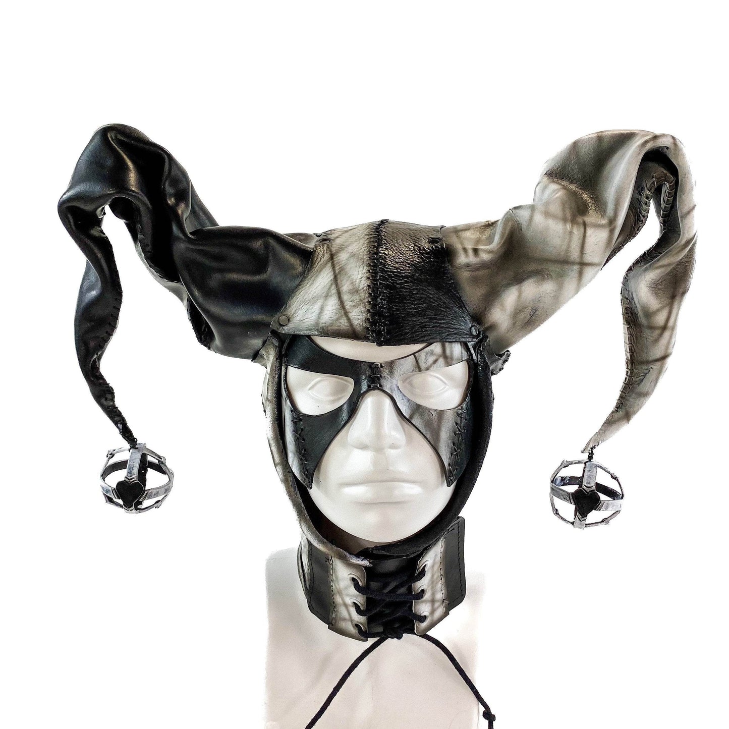 In Stock - Handcrafted Genuine Leather Jester Mask in Black and White - 