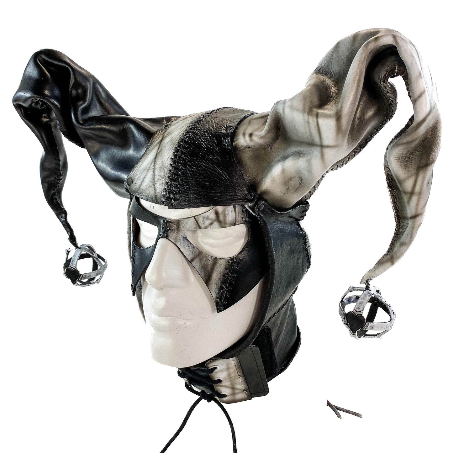 In Stock - Handcrafted Genuine Leather Jester Mask in Black and White - 