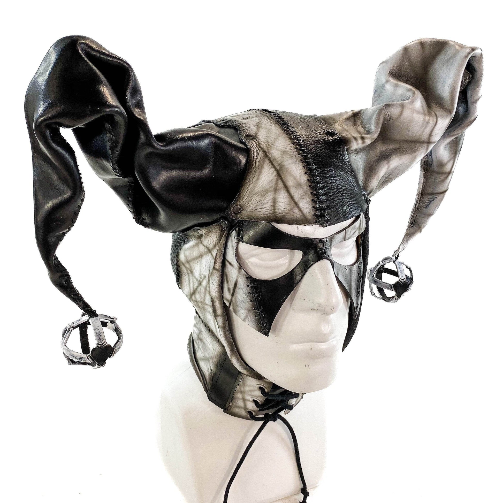 In Stock - Handcrafted Genuine Leather Jester Mask in Black and White - 