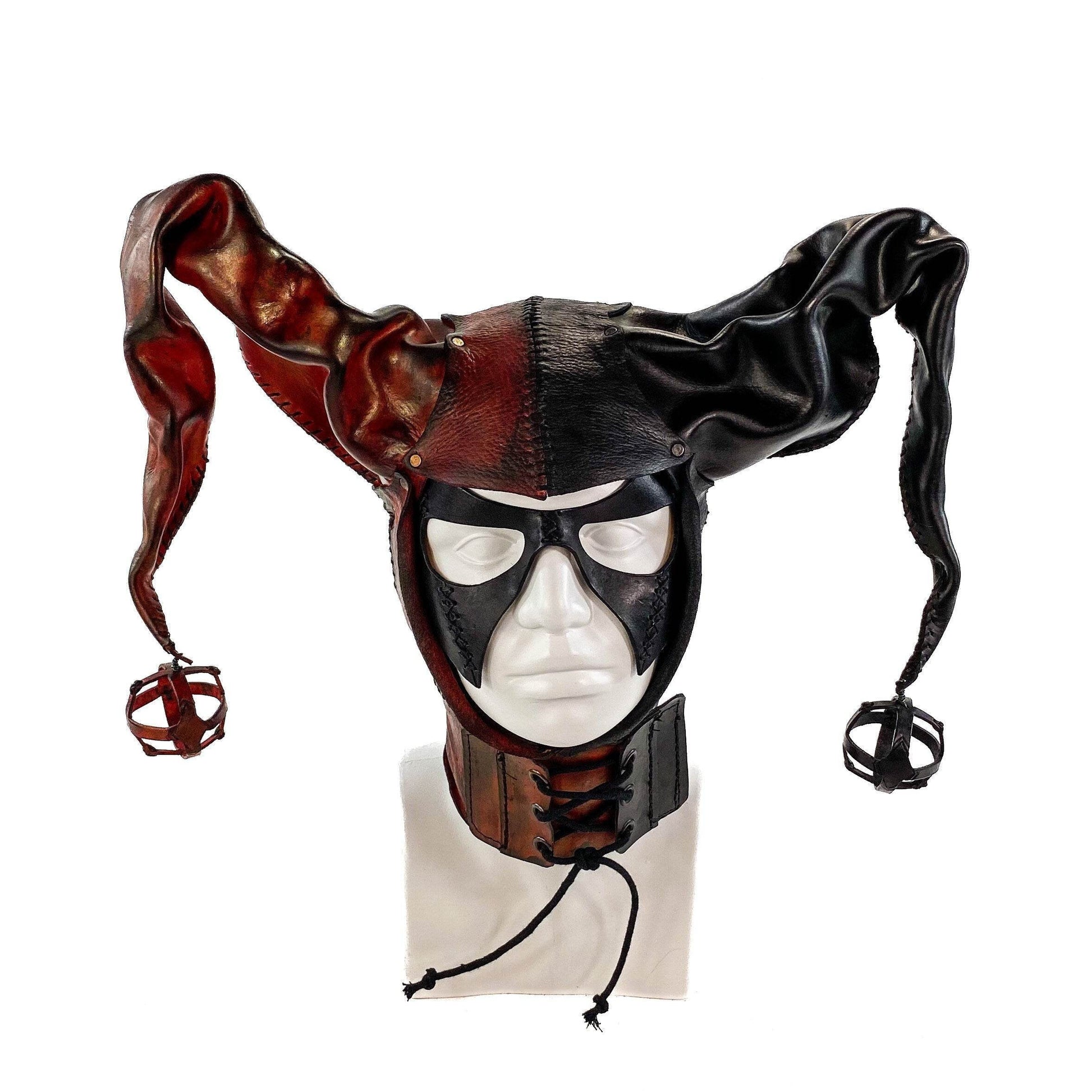 Jester Helmet Genuine Leather Mask in Red and Black - 