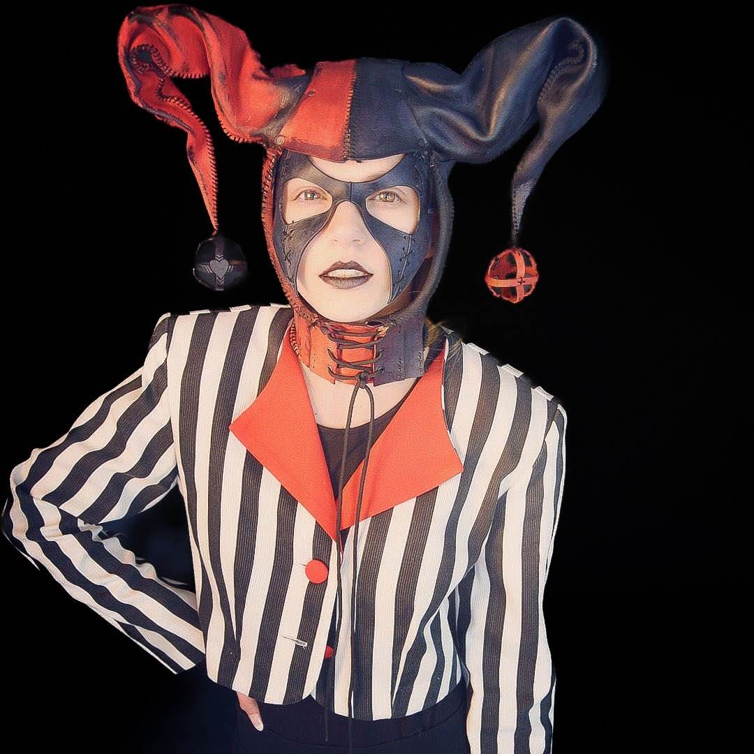 Jester Helmet Genuine Leather Mask in Red and Black - 