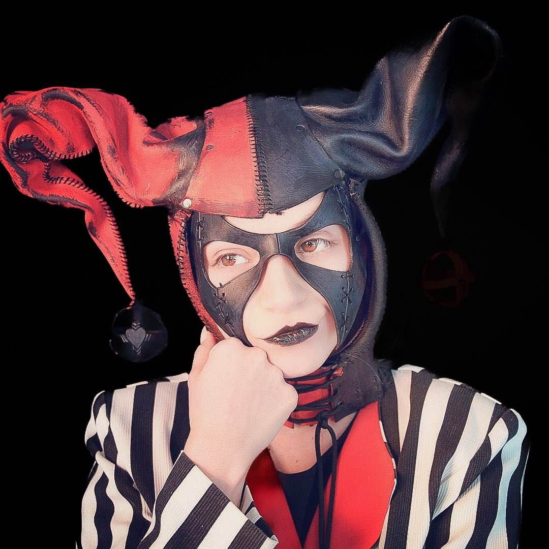 Jester Helmet Genuine Leather Mask in Red and Black - 