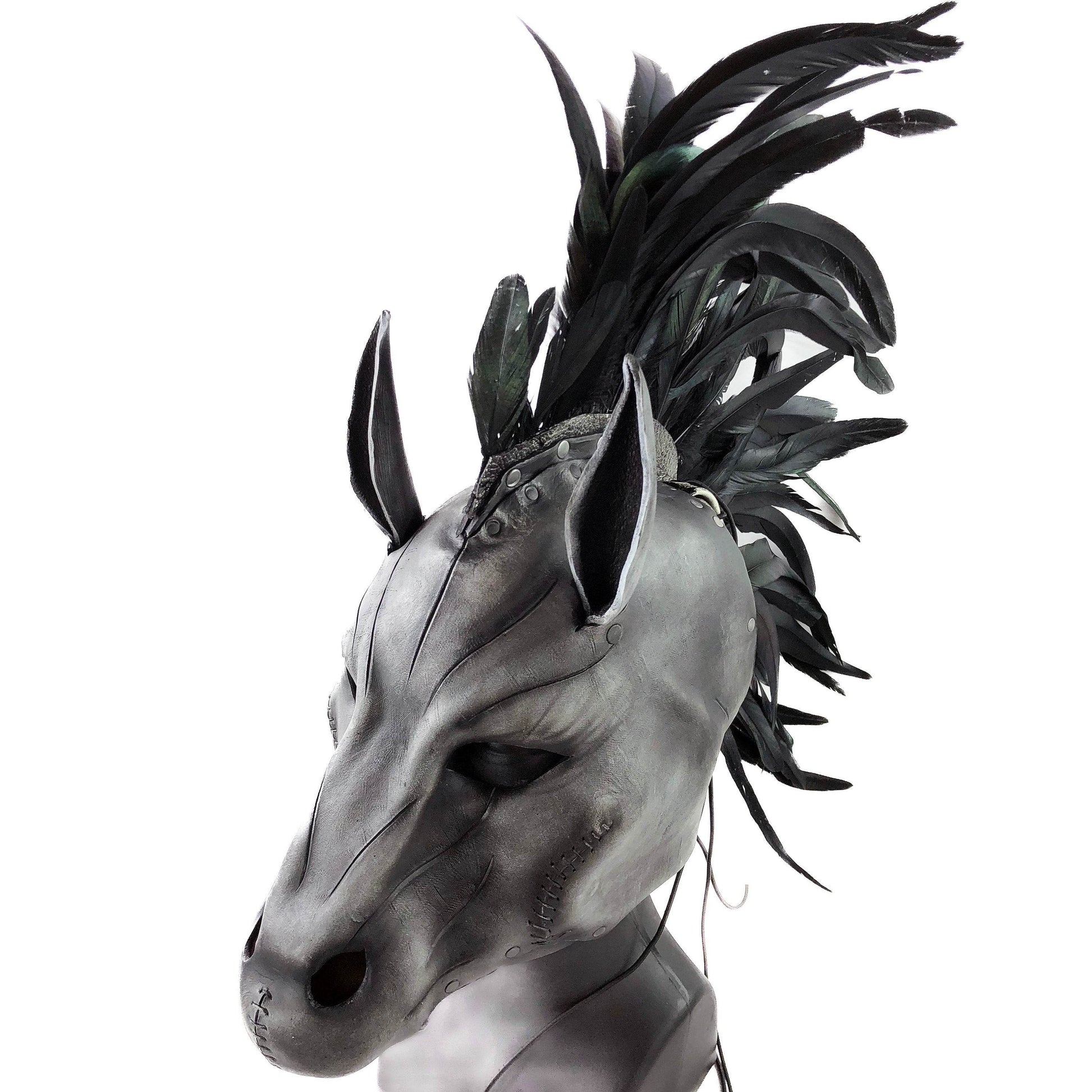 Flying Horse Handmade Genuine Leather Mask with Feathers - 