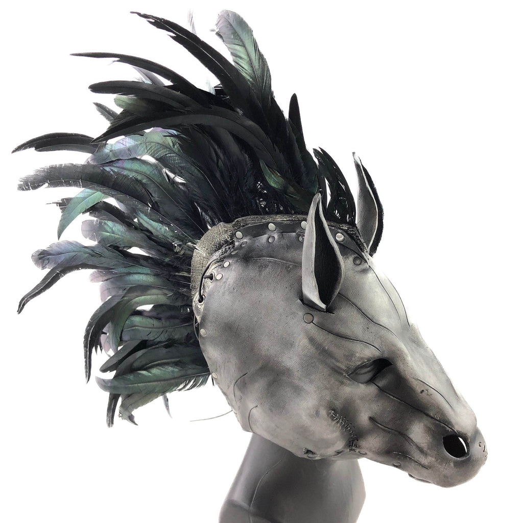 Flying Horse Handmade Genuine Leather Mask with Feathers - 