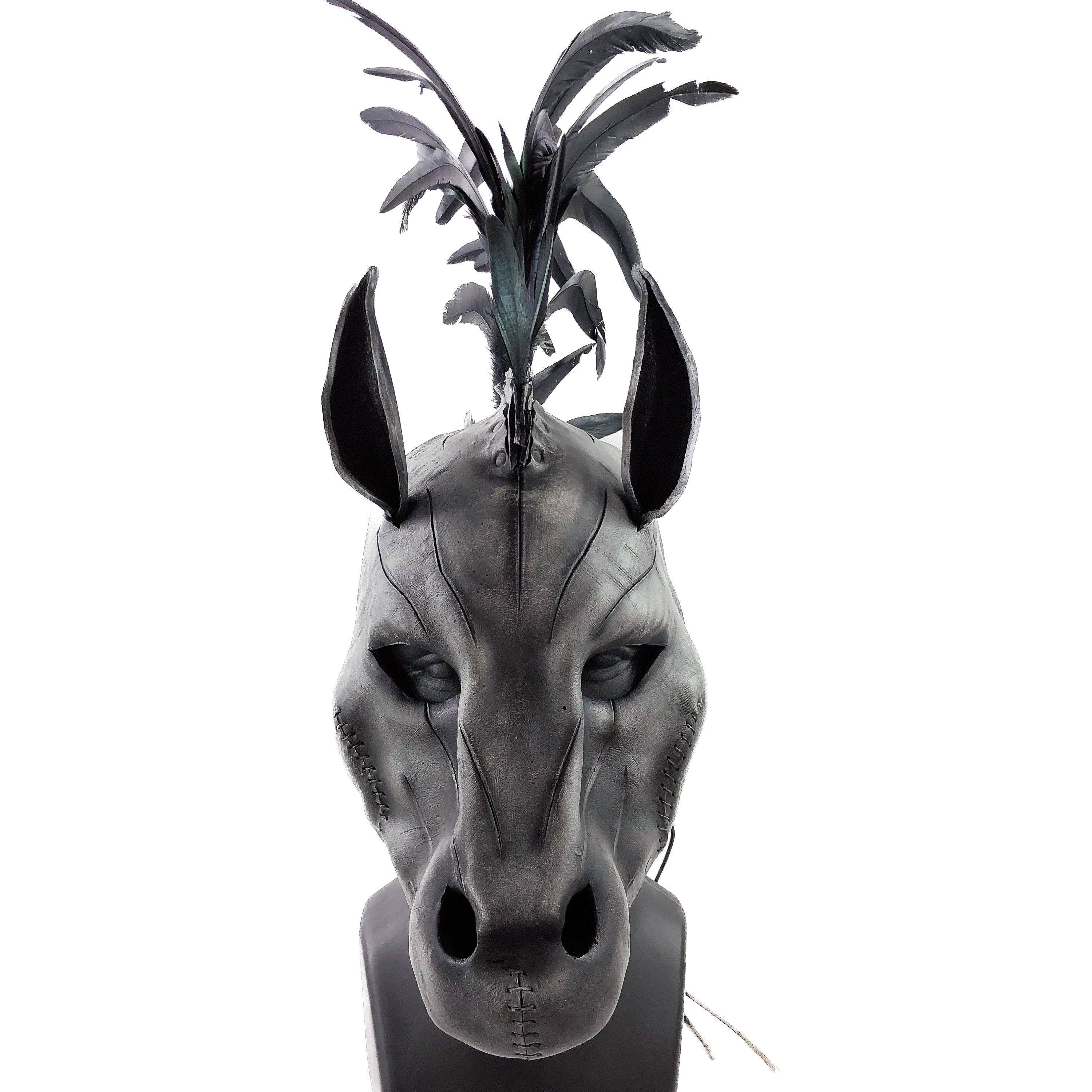 Flying Horse Handmade Genuine Leather Mask with Feathers - 