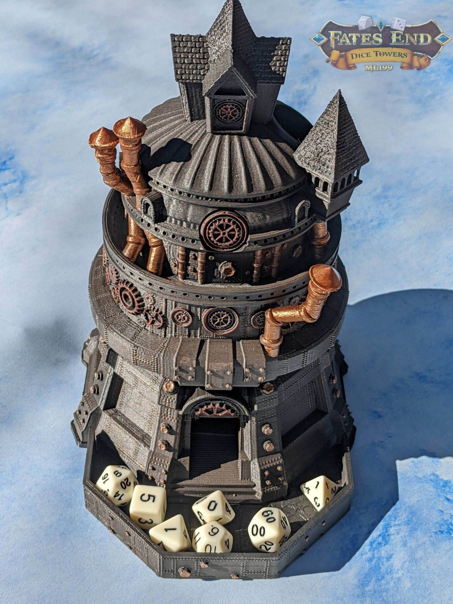 Artificer Class Steampunk 3D Printed Dice Tower- Fate's End - Embrace Precision with a Masterpiece of Dice-Rolling Ingenuity - Black / Yes- Include Random Dice Set