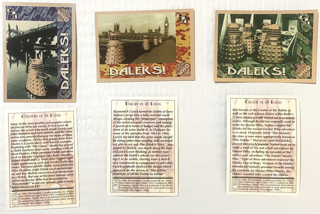 🛸 Vintage 1994 Doctor Who Daleks Foil Trading Cards — Cards 1–3 of 6