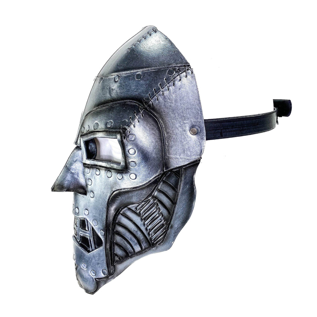 Genuine Leather Mask - Weathered Steel Paint - Handmade Full Face Cover for Masquerades Halloween or Cosplay Costume - UV Reactive Paint