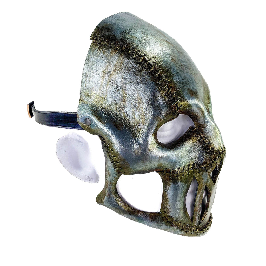 Invader - Genuine Leather Mask in Corroded Metallic Paint - Handmade Full Face Cover for Halloween, Performance or Cosplay - 