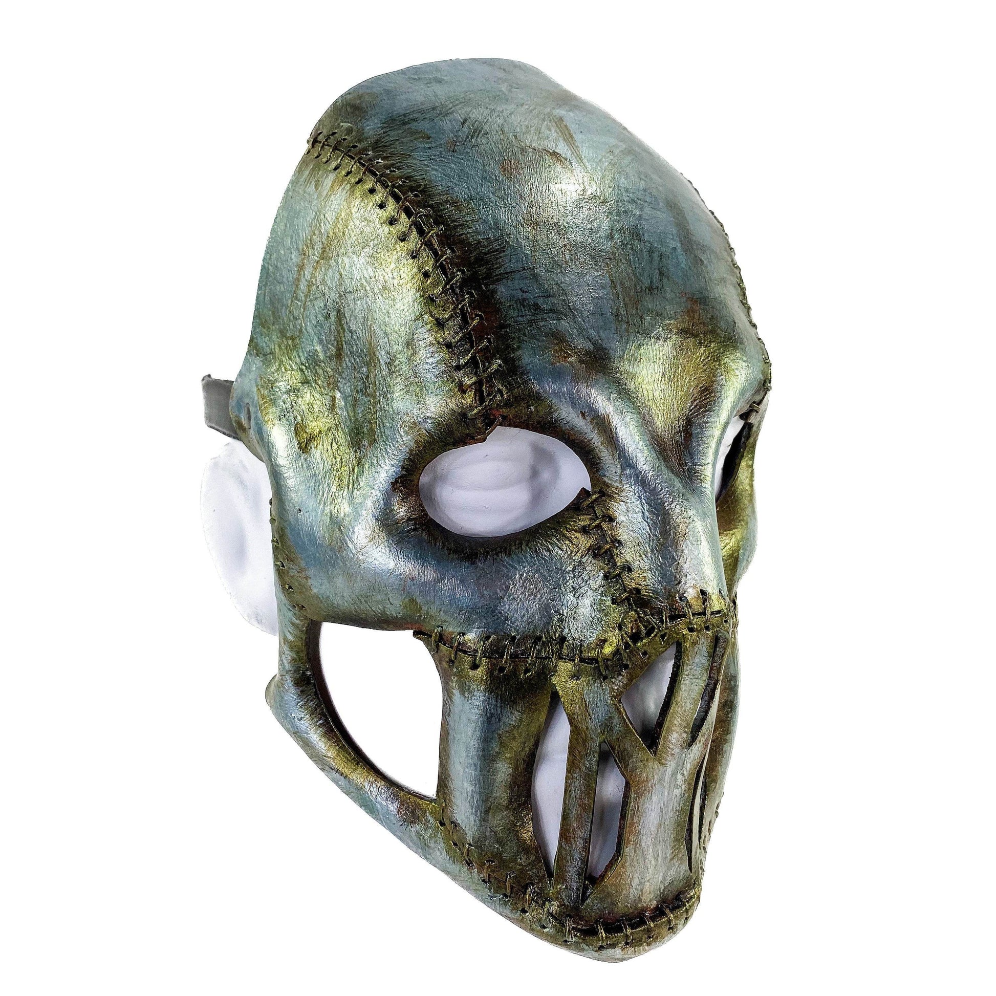 Invader - Genuine Leather Mask in Corroded Metallic Paint - Handmade Full Face Cover for Halloween, Performance or Cosplay - 