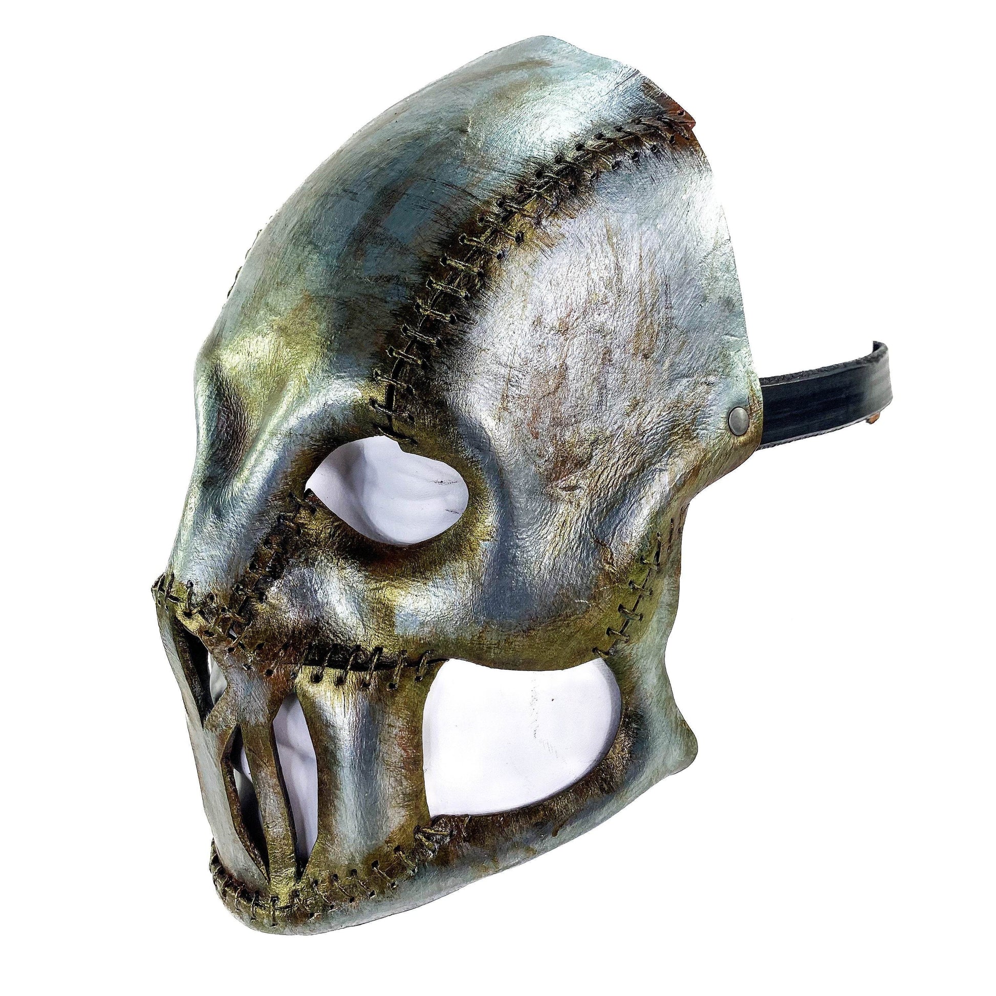 Invader - Genuine Leather Mask in Corroded Metallic Paint - Handmade Full Face Cover for Halloween, Performance or Cosplay - 