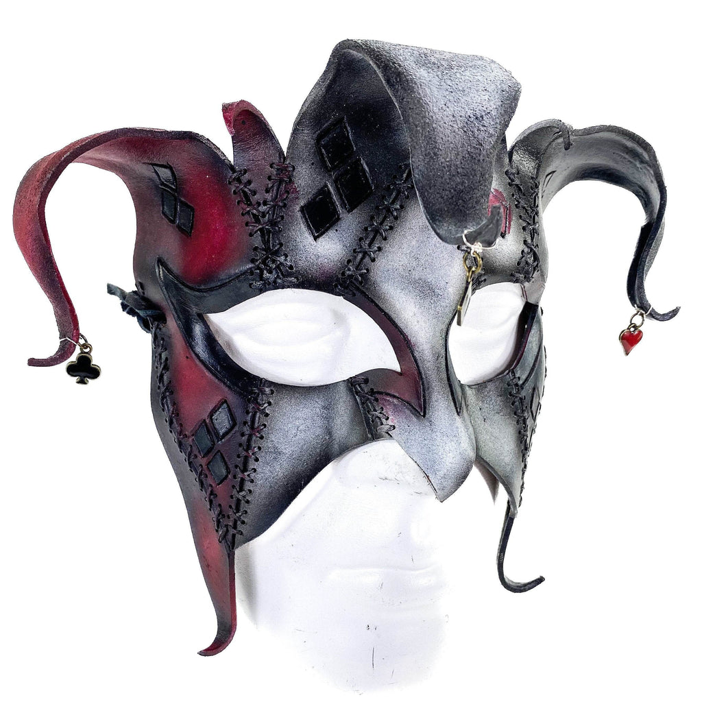 The Joker's Card - Grungy Joker Jester Handmade Genuine Leather Mask in Red with Charms - 
