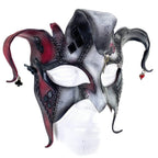 The Joker's Card - Grungy Joker Jester Handmade Genuine Leather Mask in Red with Charms - 