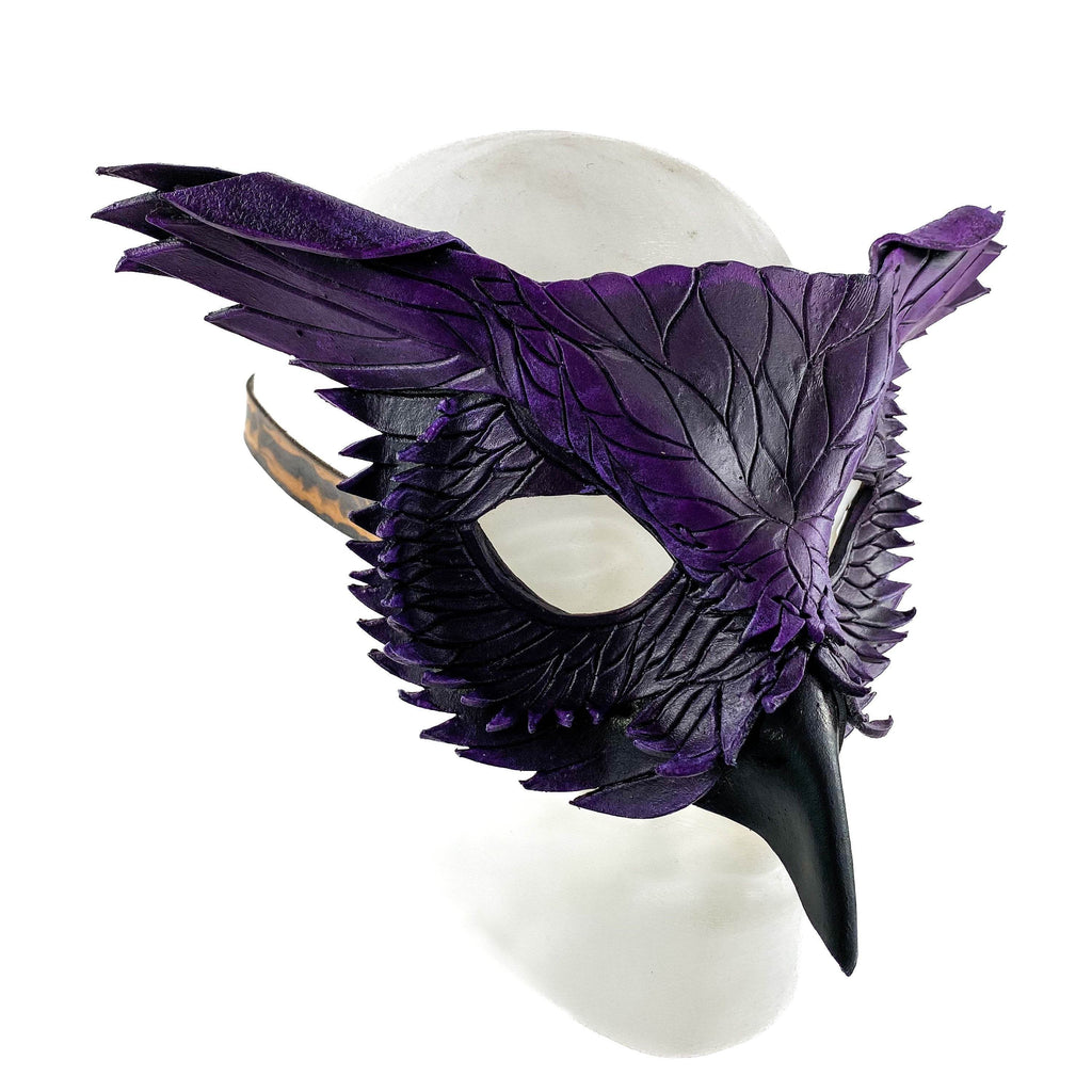 Layered Horned Owl Handmade Genuine Leather Mask in Purple - 