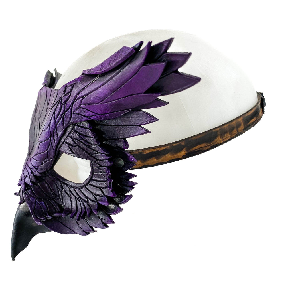 Layered Horned Owl Handmade Genuine Leather Mask in Purple - 