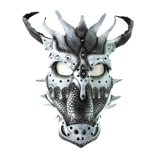 Grey Ancient Dragon Leather Mask with Swarovski Crystals - 