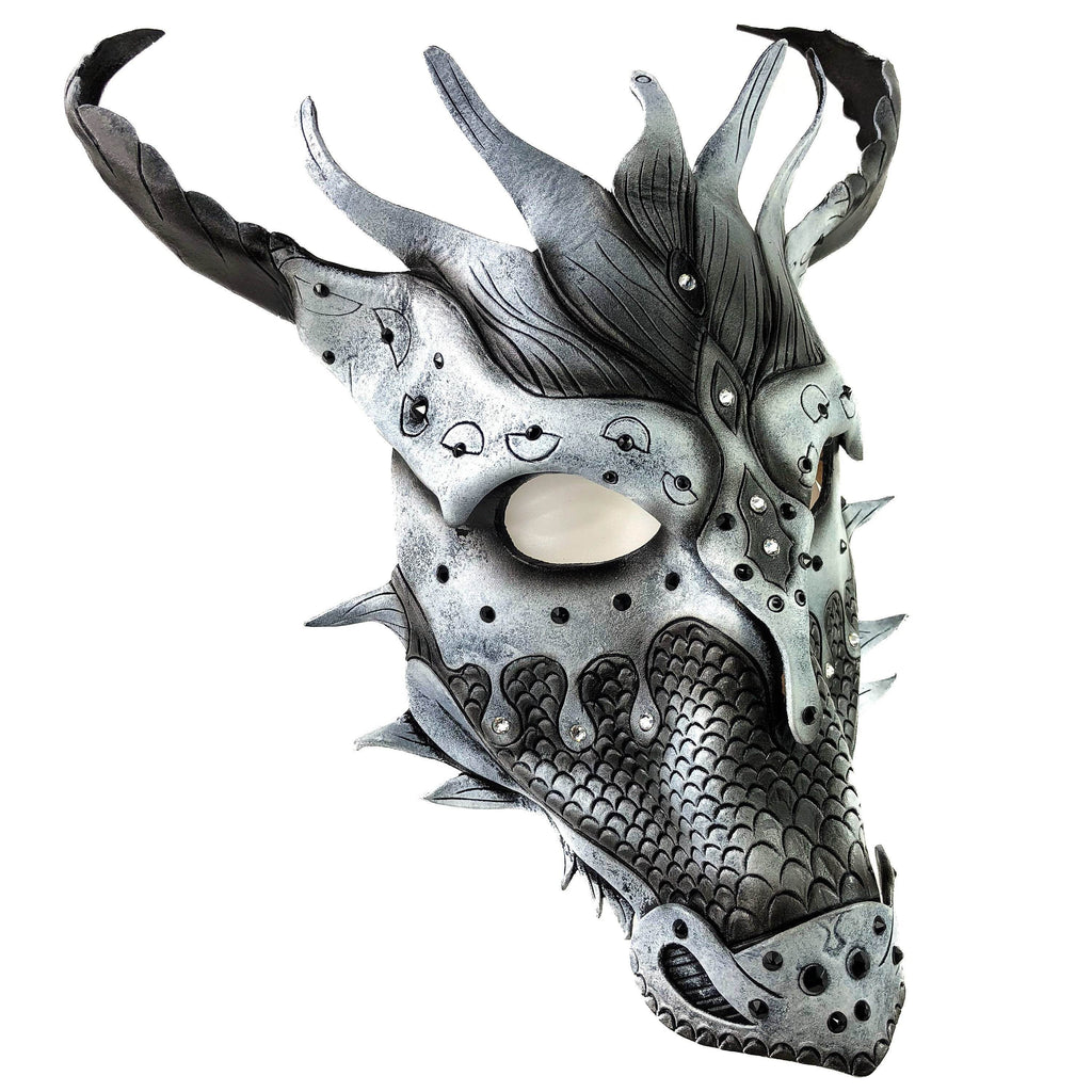 Grey Ancient Dragon Leather Mask with Swarovski Crystals - 