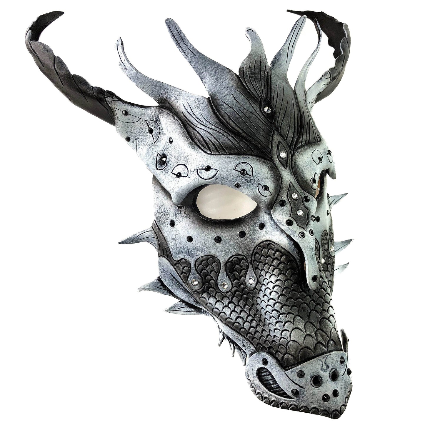 Grey Ancient Dragon Leather Mask with Swarovski Crystals - 
