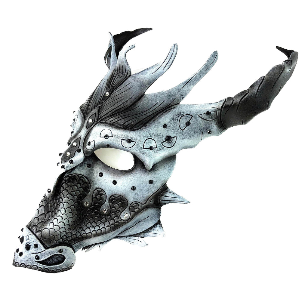 Grey Ancient Dragon Leather Mask with Swarovski Crystals - 