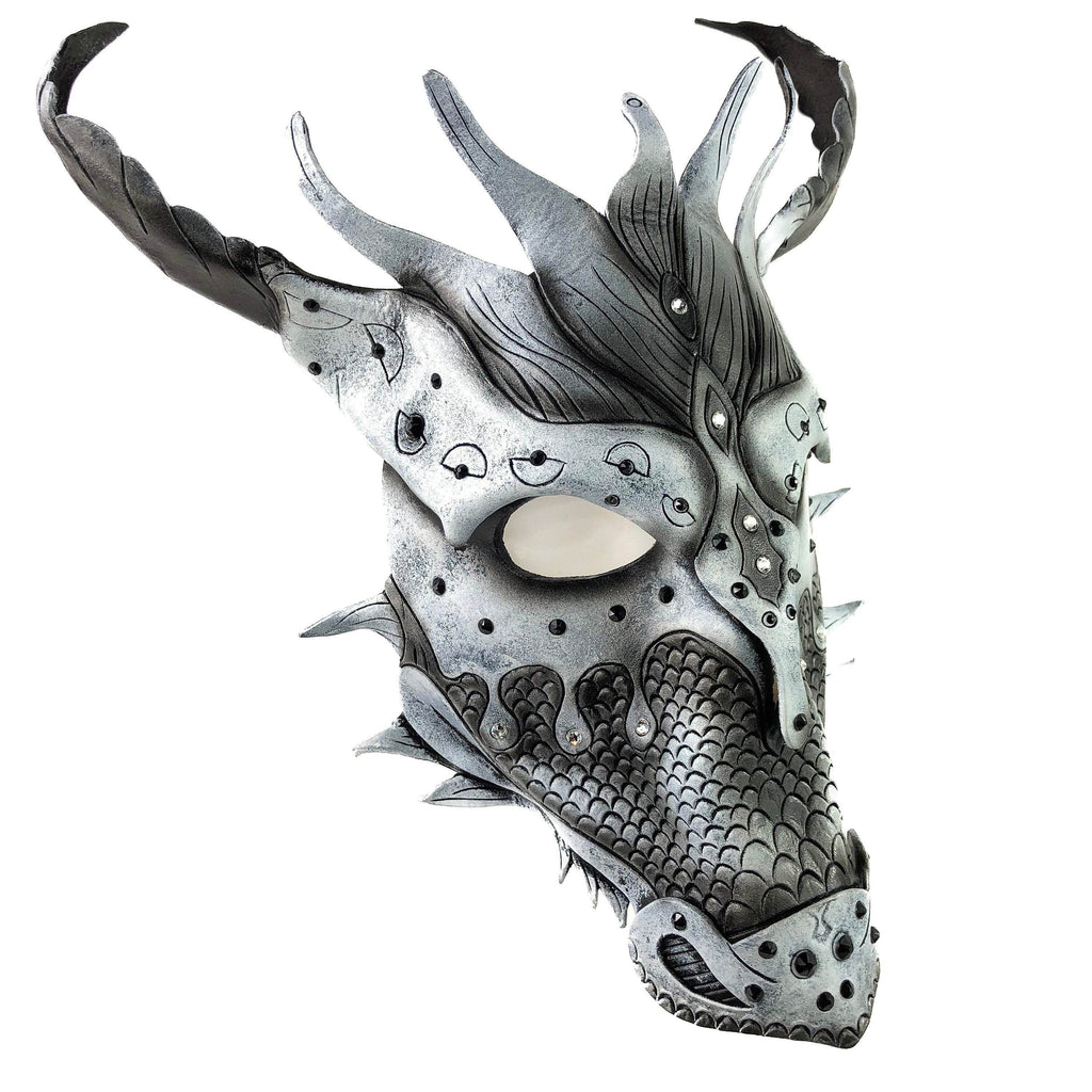 Grey Ancient Dragon Leather Mask with Swarovski Crystals - 
