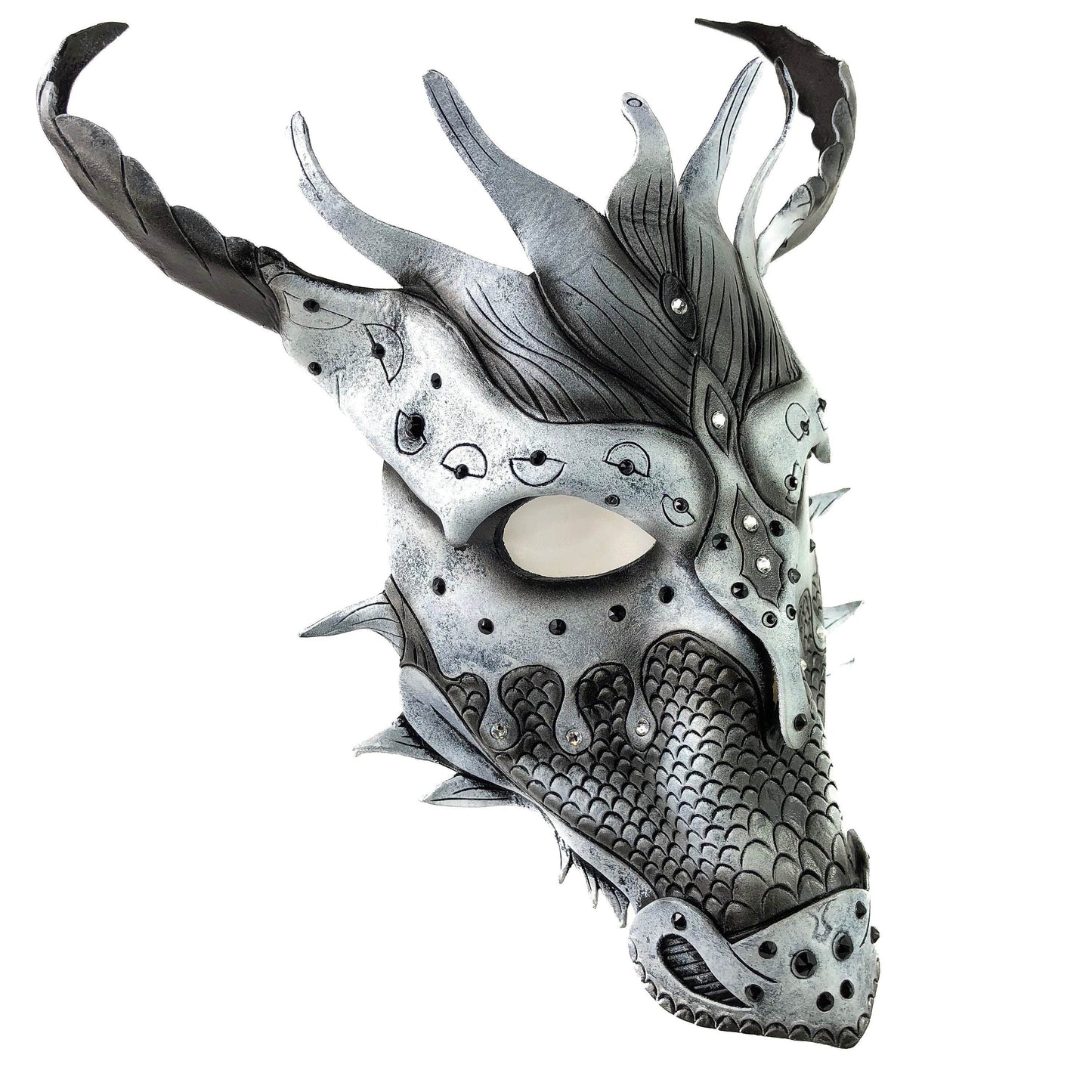 Grey Ancient Dragon Leather Mask with Swarovski Crystals - 