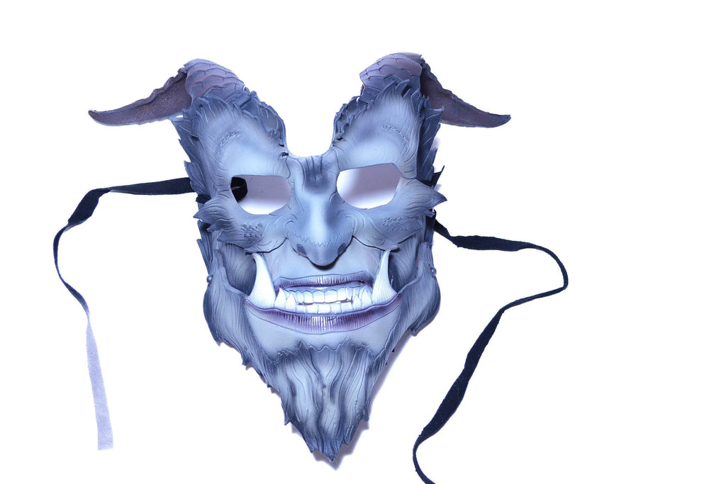 The Beast - Articulating Jaw Handmade Genuine Leather Mask with Horns in Natural Colors - 