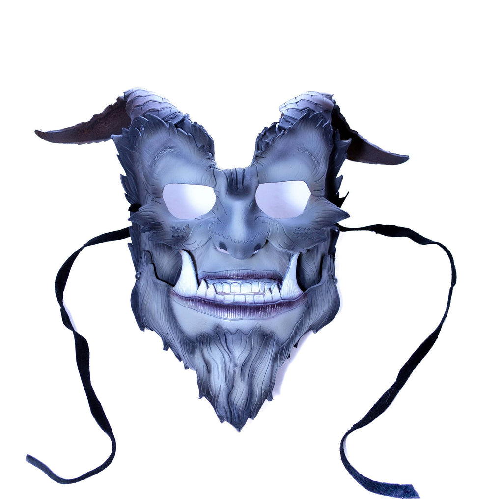 The Beast - Articulating Jaw Handmade Genuine Leather Mask with Horns in Natural Colors - 