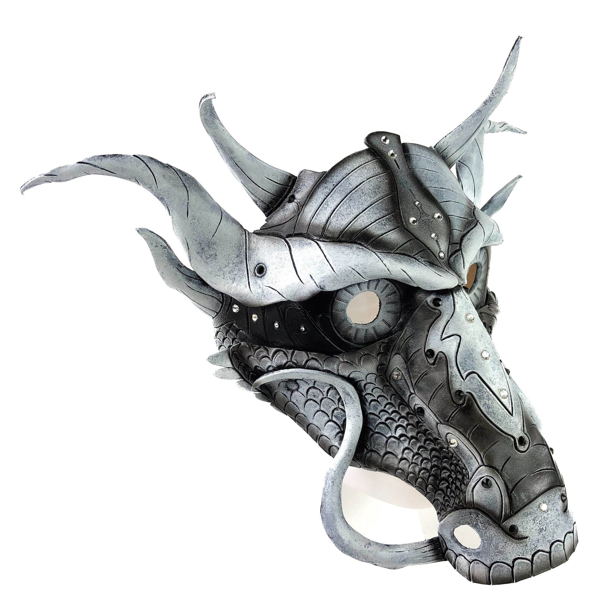 Grey Ancient Dragon Leather Mask with Swarovski Crystals - 