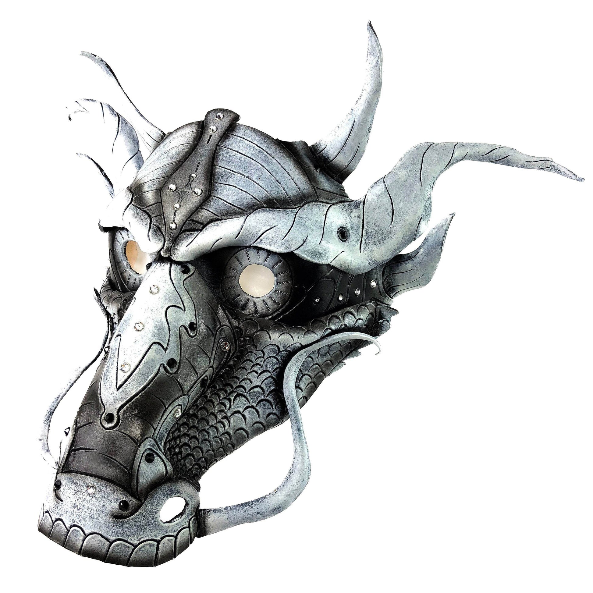 Grey Ancient Dragon Leather Mask with Swarovski Crystals - 