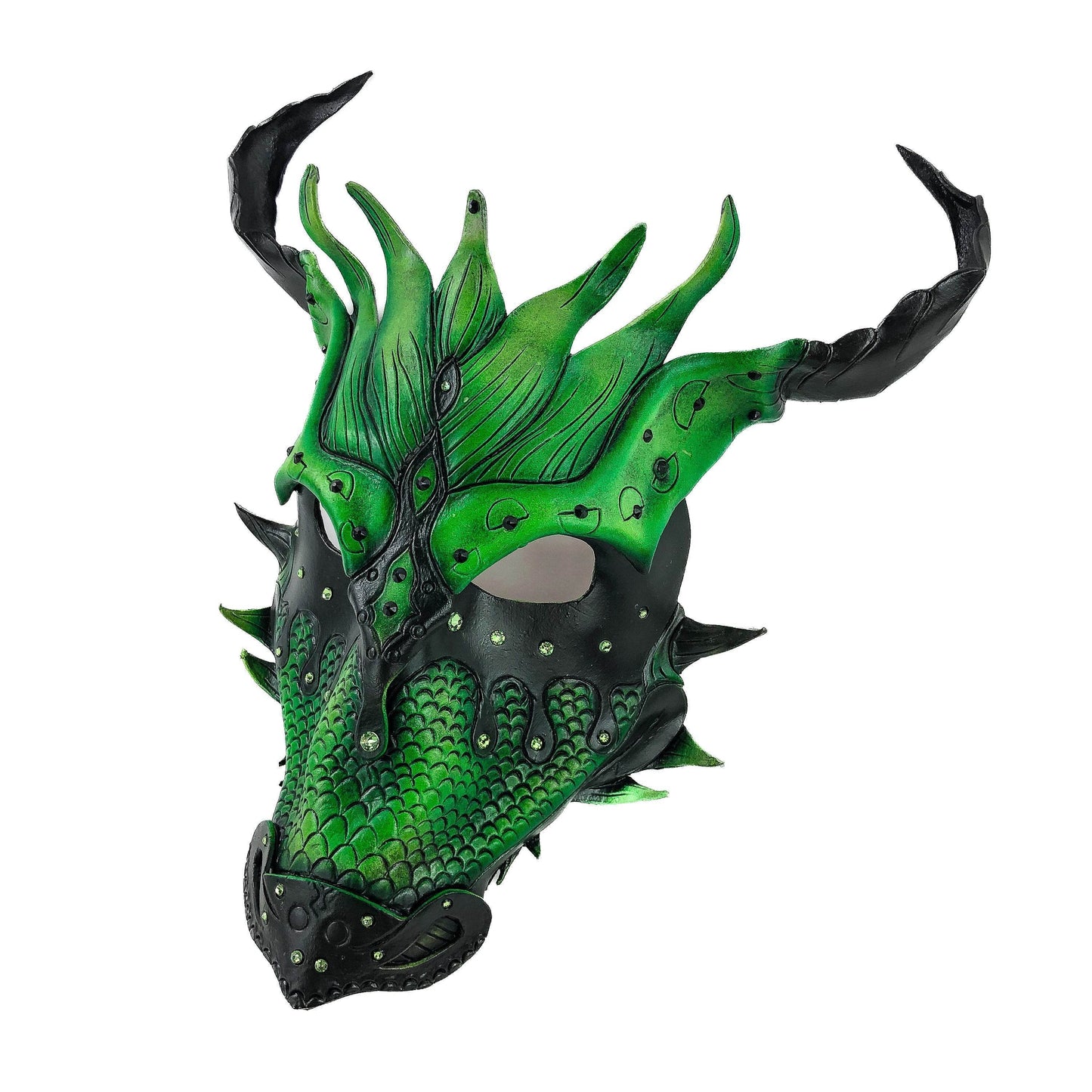 Green Ancient Dragon Leather Mask with Swarovski Crystals - 