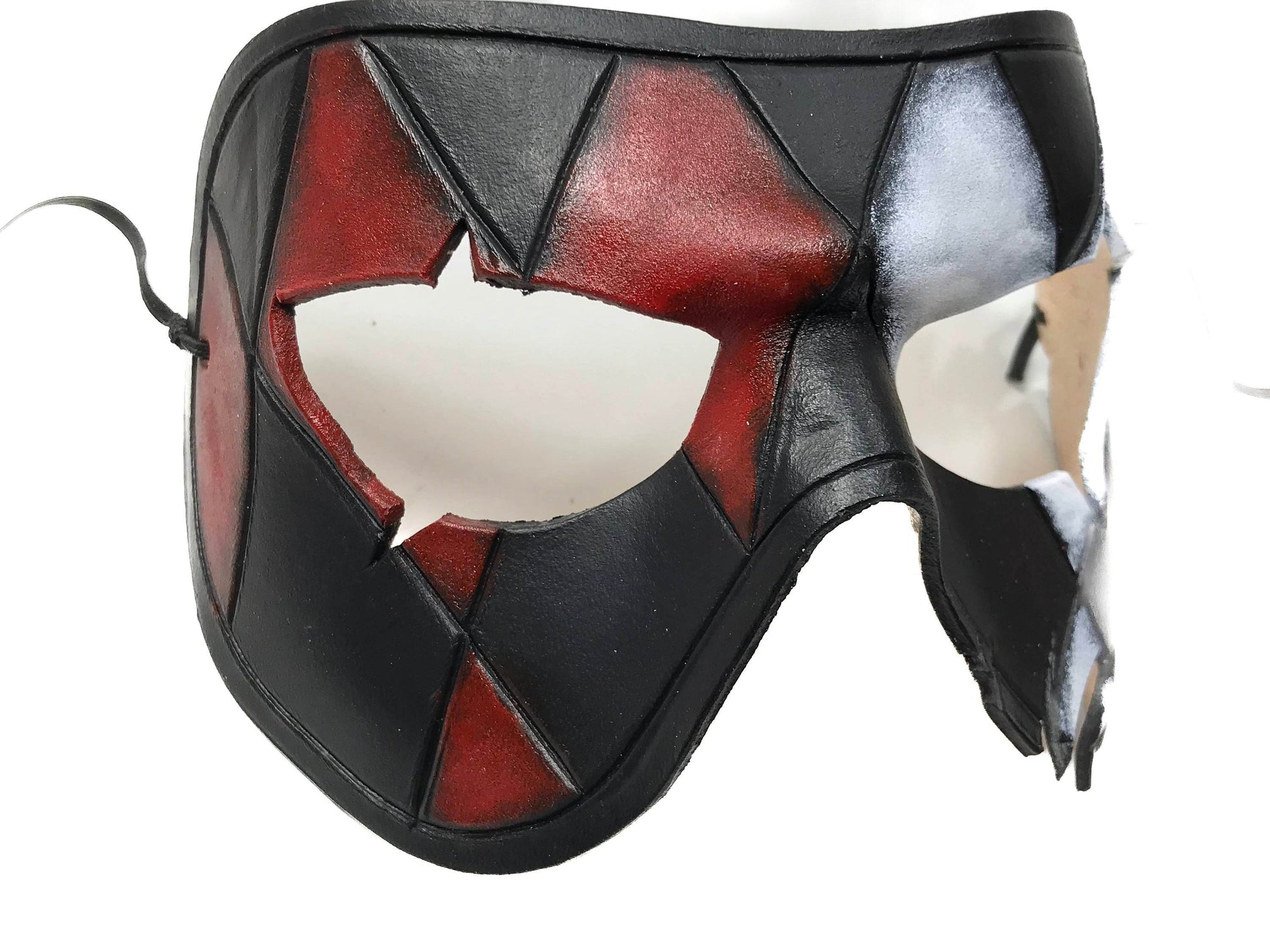 Harlequin Handmade Genuine Leather Mask in Red White Black and Gold - 