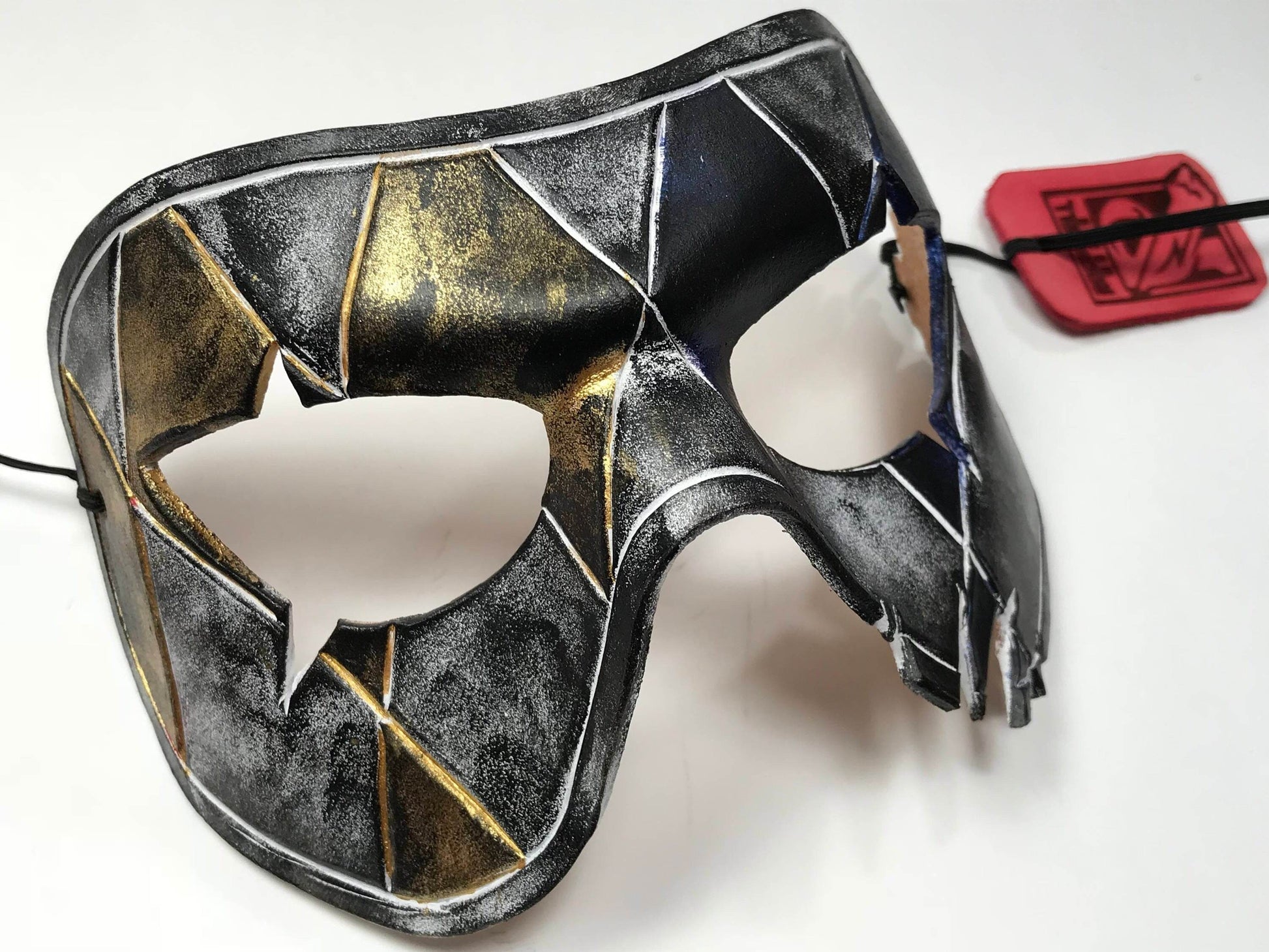 Harlequin Handmade Genuine Leather Mask in Blue White Black and Gold - 