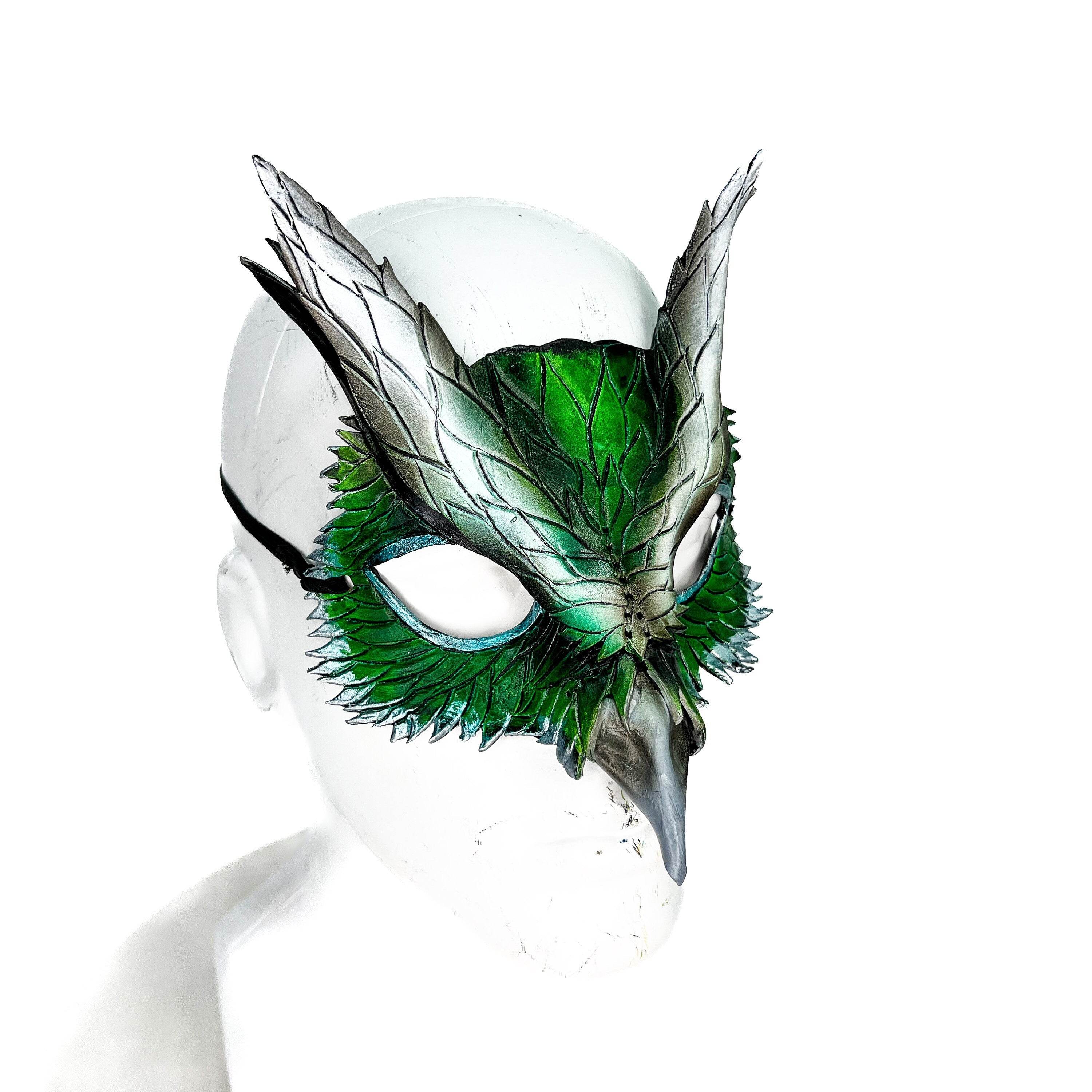 Layered Green Eagle Owl Handmade Genuine Leather Mask - 