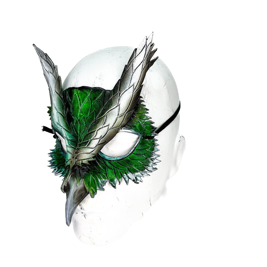Layered Green Eagle Owl Handmade Genuine Leather Mask - 