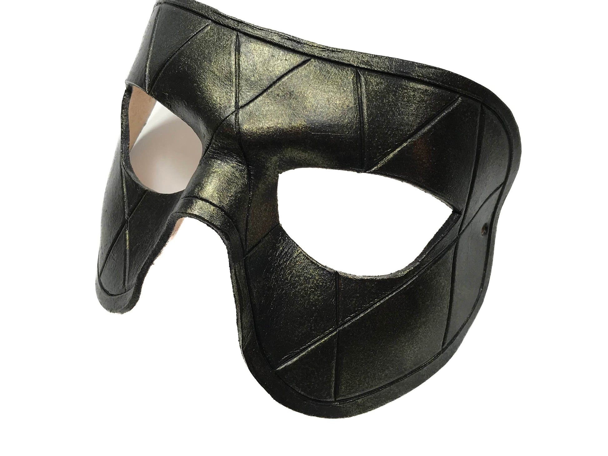Harlequin Handmade Genuine Leather Mask in Black with Gold Hues - 