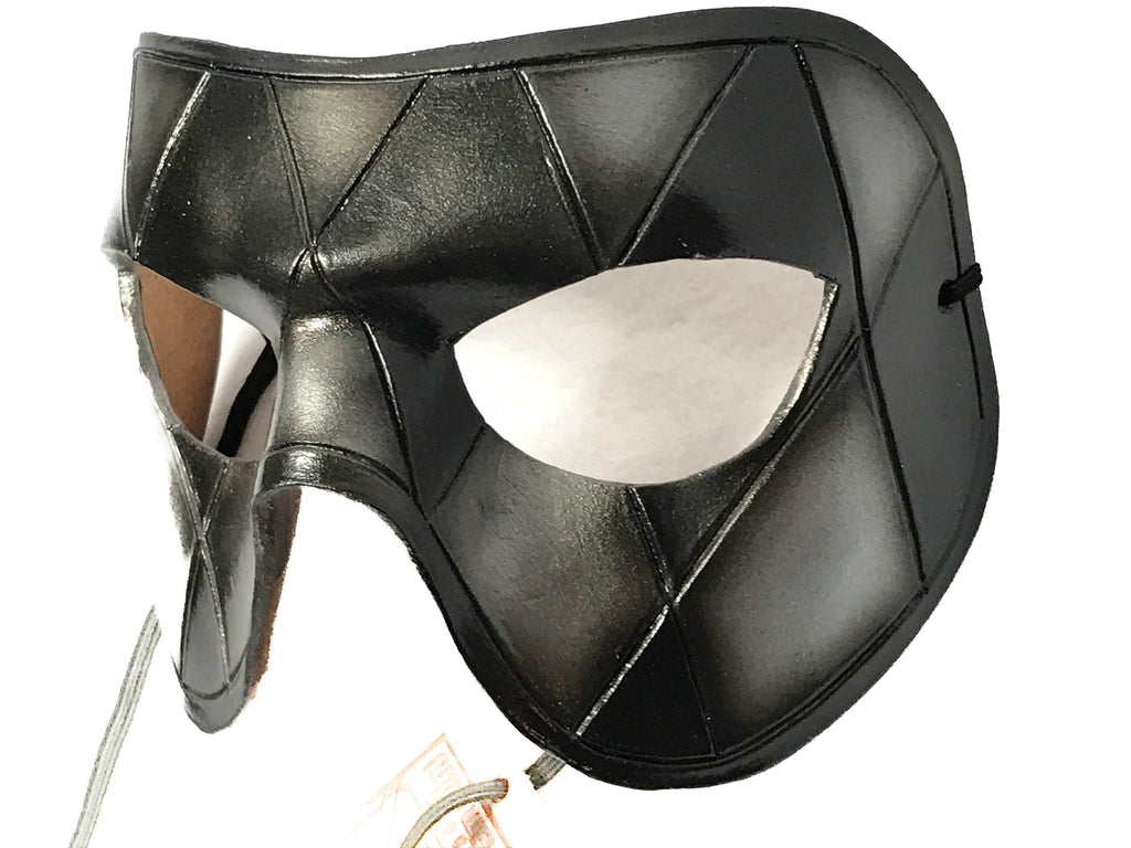 Silver Harlequin Handmade Genuine Leather Mask in Black and Silver - 