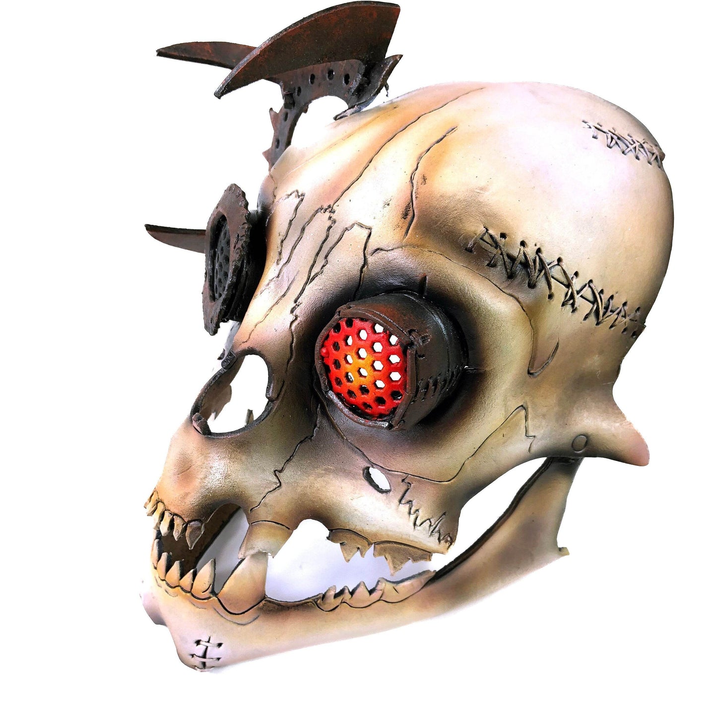 Handcrafted Genuine Leather Dimensional Cat Skull Robot Mask - 