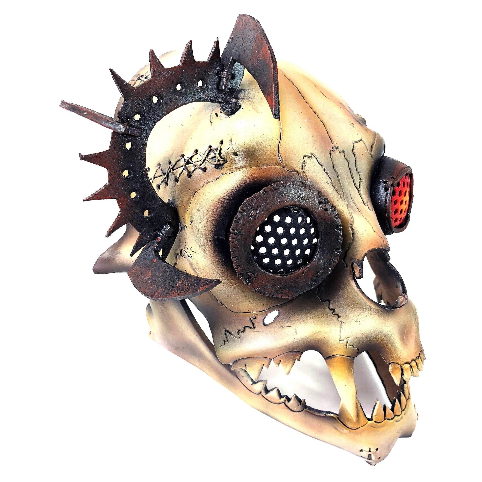 Handcrafted Genuine Leather Dimensional Cat Skull Robot Mask - 