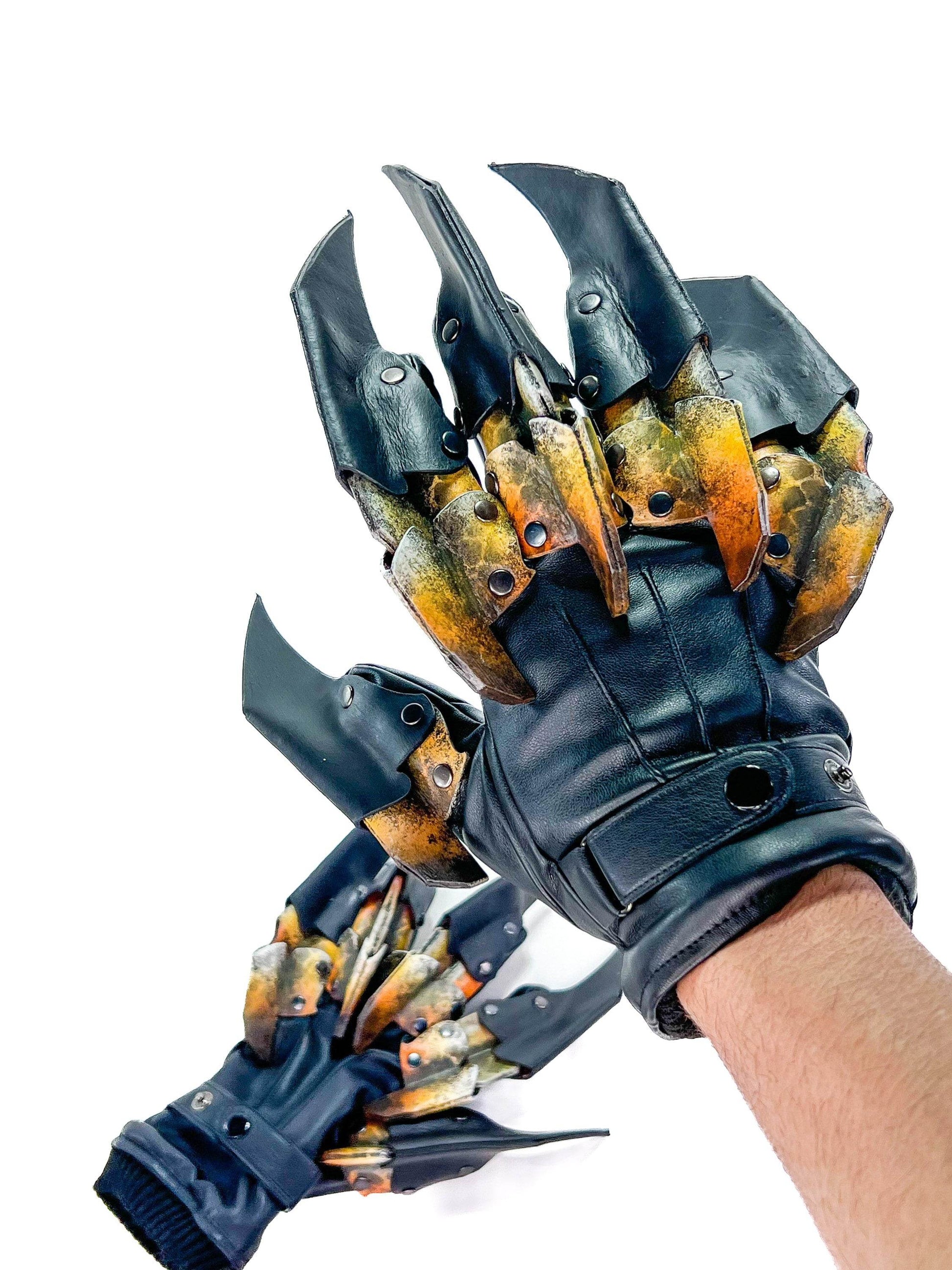 One Set of Two Handcrafted Genuine Leather Gloves with Claws in Hawk Colors - 