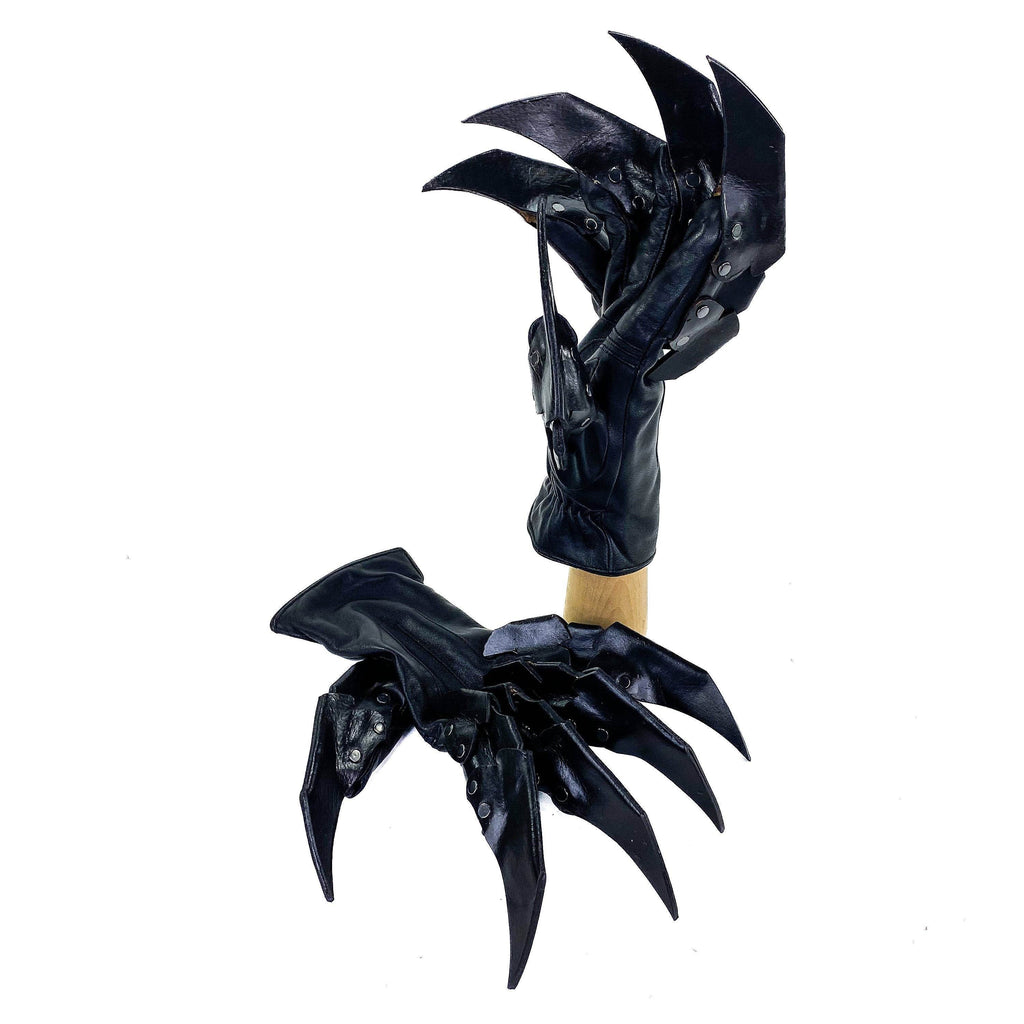 One Set of Two Handcrafted Genuine Leather Gloves with Claws in Black - 