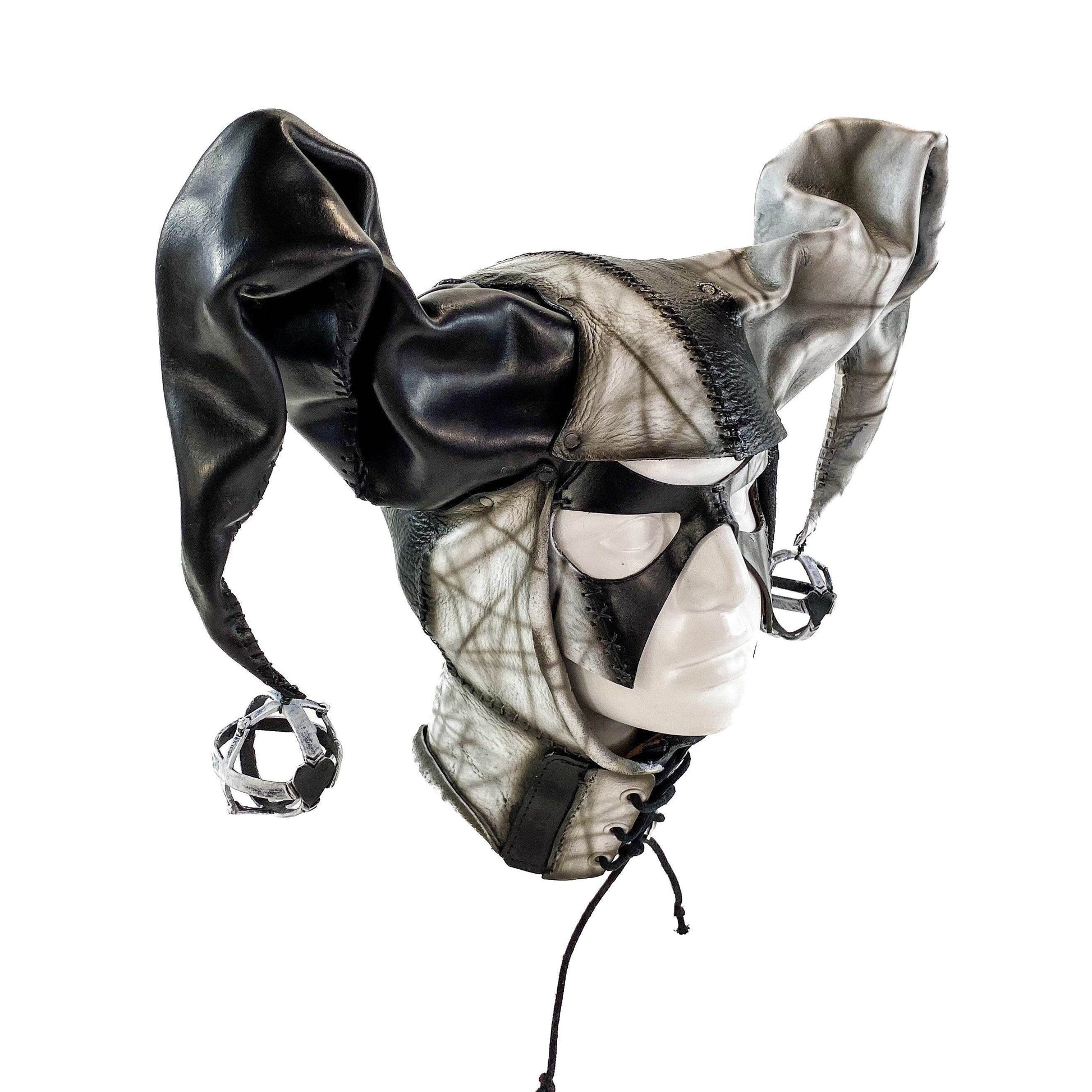 In Stock - Handcrafted Genuine Leather Jester Mask in Black and White - 