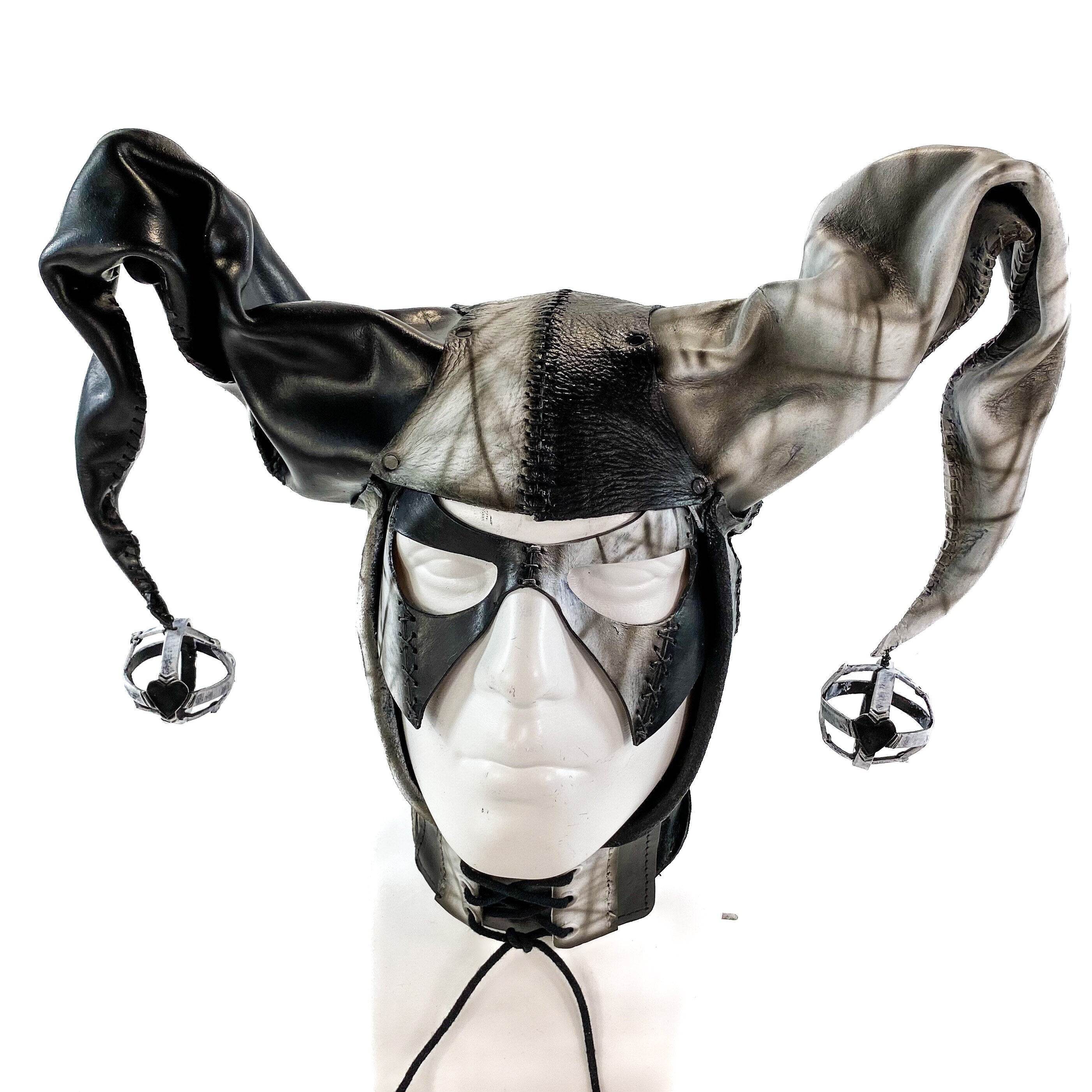 In Stock - Handcrafted Genuine Leather Jester Mask in Black and White - 