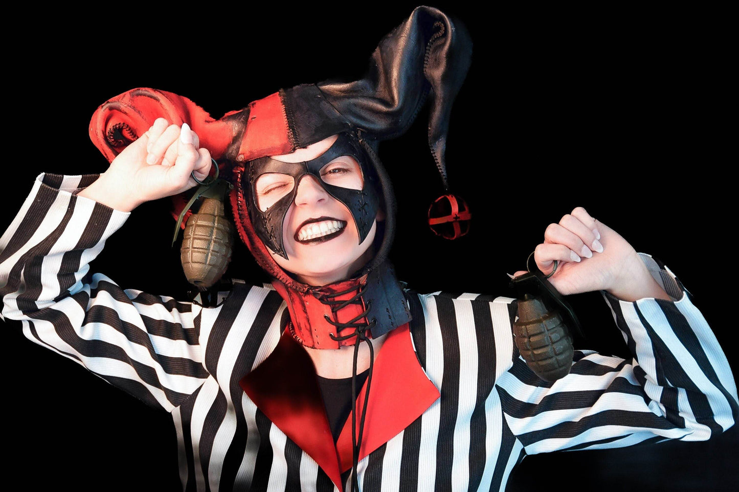 Jester Helmet Genuine Leather Mask in Red and Black - 